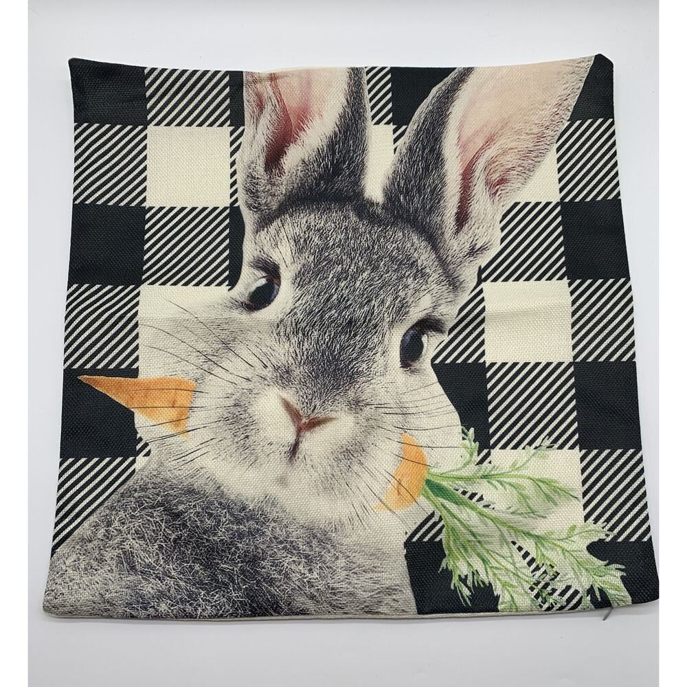Rabbit Bunny with Carrot Black White Check Pillow Cover Hidden Zipper Easter